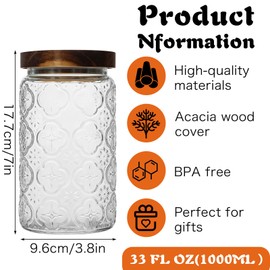 35oz/1000ml Glass Storage Jars with Nature Wood Lids, Airtight Food Storage Containers for Kitchen Organization, Large Capacity for Cookie, Pasta, Sugar, Flour, Cereal - Set of 2