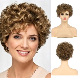 Womens Blonde Brown Short Fluffy Curly Wig for Daily Party Use