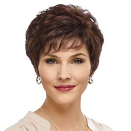 EMMOR Short Brown Human Hair Wigs for Women Blend with Healthy Memory Fibre Pixie Curly Wig with Bang, Natural Daily Hair (Colour 8/30#)