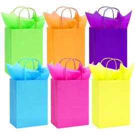 JarThenaAMCS 60Pcs Neon Paper Bags with 60 Sheets Rainbow Tissue Paper Green Orange Purple Pink Yellow Blue Candy Treat Bags with Handles for Birthday Party Favors Supplies