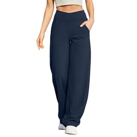 G4Free Women's Wide Leg Pants Yoga Dress Pants with Pockets Comfy Loose Workout Casual Lounge Pants(Dark Navy,M,31")
