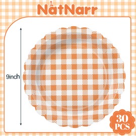 NatNarr 30 Pcs Orange Gingham Plates, 9 Inch Scalloped Fall Plaid Dessert Dinner Plates Orange and White Checkered Party Supplies for Harvest Thanksgiving Party