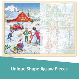 Christmas Puzzles 48 Piece for Kids Ages 3-5 by MoinKidz, Winter Holiday Christmas Wooden Jigsaw Puzzle for 3 4 5 Year Old, Snowy Farm Toddler Puzzles for Kids Ages 4-8 with Storage Tray