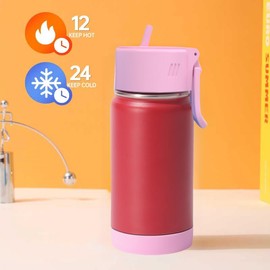 12oz Strainght Cute Sippy Cup Kids Tumbler Stainless Steel Water Bottle (red-pink lid, 12oz)