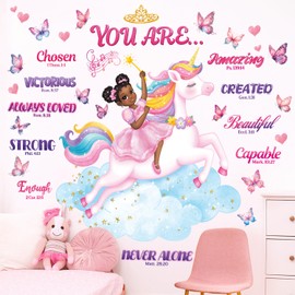 DECOWALL SG2-2503 Black Girl Unicorn Bible Verse Wall Stickers Decals Inspirational Girls Bedroom Nursery Peel and Stick Princess Decor Butterflies Kids Baby Removable Home Art Quotes