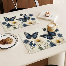 Taimeng Blue Butterfly Placemats Set of 6, Table Mats Washable Place Mats for Farmhouse Home Party Kitchen Dining Indoor Outdoor Restaurants 12x18 Inch