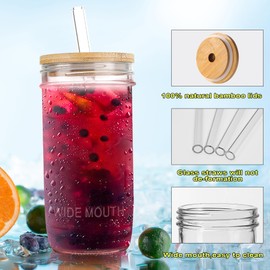 24 oz Glass Cups Set - 2 Pack Glasses Drinking Set with Leakproof Bamboo Lids & Glass Straws, Clear Kitchen Glasses Tumblers for Iced Coffee, Juice and Smoothie