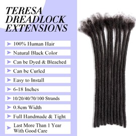 Teresa Medium 0.8cm and Small 0.4cm Width 6-18 Inch 100% Human Hair Dreadlock Extensions for Men/Women/Kids Full Hand-made Permanent Loc Extensions Human Hair Bundles(16 Inch, 10 Strands)