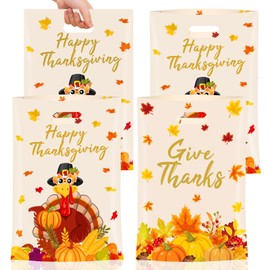 40 Pcs Thanksgiving Gift Bags - Happy Thanksgiving Goodie Bags, Plastic Fall Maple Leaves Pumpkin Give Thanks Turkey Treat Candy Favor Tote Bags with Handles for Autumn Thanksgiving Party Favors Bulk
