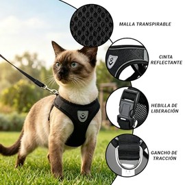 Pechera para Gato, Arnés para Gato Ajustable con Correa para Gato de 120 cm, Malla Transpirable y Tiras Reflectantes 3M para Paseos Seguros en Casa, J