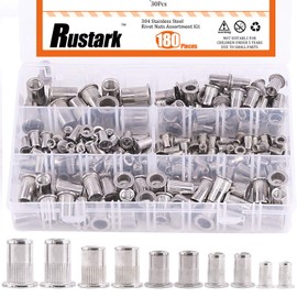 Rustark 180 Pcs 304 Stainless Steel Rivet Nuts Assortment Kit Includes 8-32'', 10-24'', 1/4-20", 5/16-18", 3/8-16", Flat Head Threaded Inserts Nutsert Rivnuts Fasteners