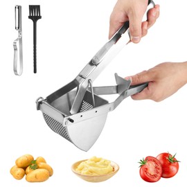 Yulado Potato Potato Masher Stainless Steel with Peeler and Cleaning Brush, Potato Press, Fruit and Vegetable Late Press, Hand Operated Food Masher, Kitchen Accessory Gadget, Easy to Use