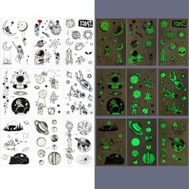 Jeffdad 9 Sheets Luminous Temporary Tattoos For Kids, Funny Planet Temporary Tattoos Glow Stickers Kids Temporary Tattoos for Party Supplies for Boys Children Outer Space Party Favors