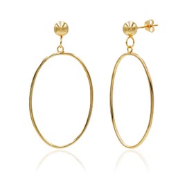 Sterling Silver Open Oval Drop Dangle Hoop Earrings 5mm Bead Post Dangle Earrings for Women Girls (Large-40mm x 20mm, Gold Flashed Silver)