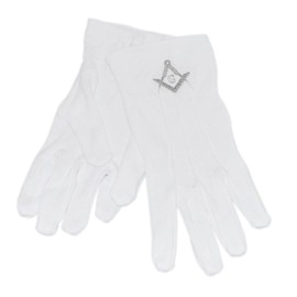 One Size White Cotton Gloves with Embroidered Silver with G Masonic Design XLFG012