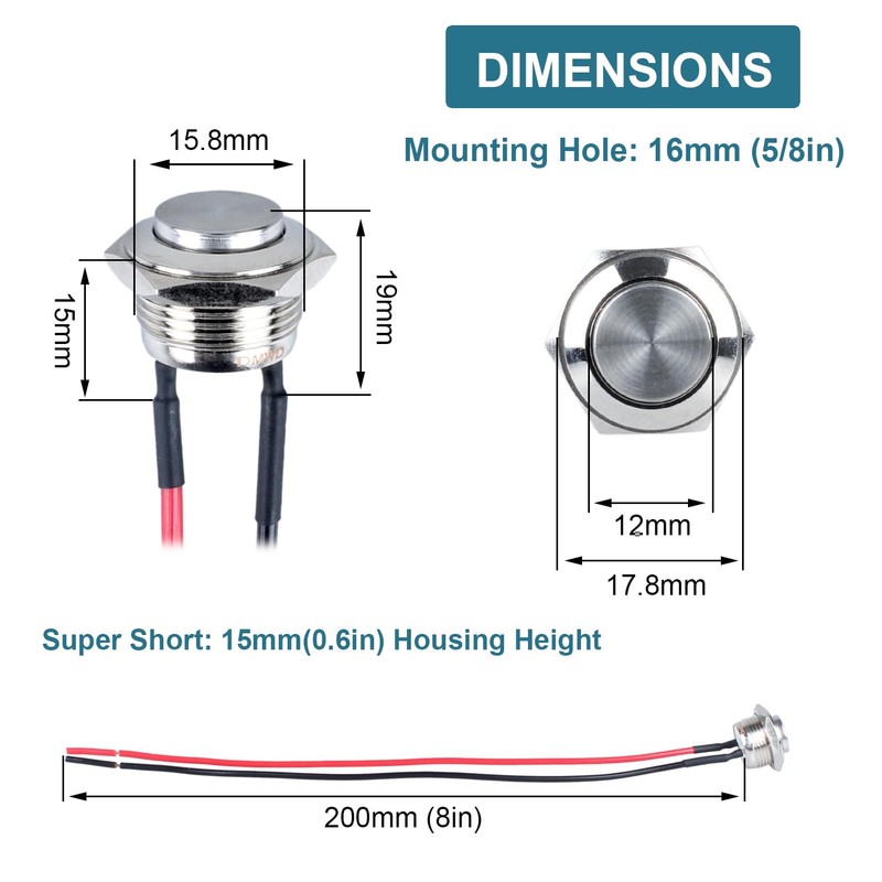 DMWD 2pcs 16mm Ultra Short Metal Waterproof Momentary Push Button