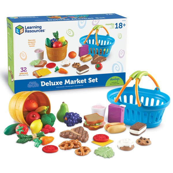 Learning Resources New Sprouts Deluxe Market Set - 32 Pieces, Ages 18+ months Pretend Play Food for Toddlers, Preschool Learning Toys, Kitchen Play Toys for Kids, Stocking Stuffers