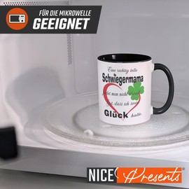 NICE-PRESENTS Tasse - Schwiegermama Spruch - Schwarz - Lustige Kaffeetasse, Geschenk für Schwiegermutter, Geburtstag, Familie, Kaffee-Teebecher, 300 ml, Keramik, beidseitiger Druck, Glücks-Tasse