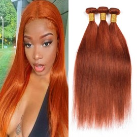 Ginger Human Hair Bundles Color 350 Human Hair Straight Bundles Burnt Orange Human Hair Bundles Double Weft Brazilian Remy Hair Extensions Soft and Silky For Black Women (18 20 22 inch,3 Bundles)