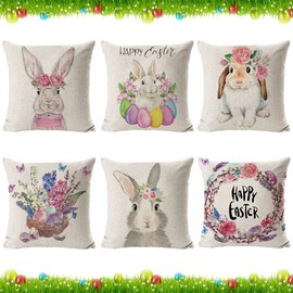 Qunkun Easter Cushion Cover, Pack of 6 Easter Bunny Cushion Covers, Easter Bunny Cushion Cover, Decorative Easter Bunny Cushion Cover for Easter, Home Decoration, Party