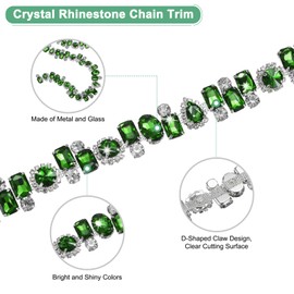 M METERXITY Crystal Rhinestone Chain Trim, 1 Yard Crystal Applique Strips String, Bling Shiny Crystal Chain Applique for Crafts/Clothes [Green Diamond with Silver Base]