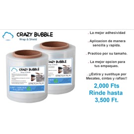 Paquete 2 mini rollos de pelicula stretch transparente para paletizar. Cada rollo mide 3" X 1000 pies de largo, calibre 80. Ideal para emplaye manual.