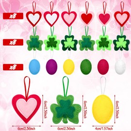 Kingdder 24 Pcs Valentine's Day Heart Ornaments St Patrick's Day Shamrocks Easter Hanging Egg Ornaments Valentines Day Tree Decoration Heart Shaped Felt Ornaments for Hanging Decor (Cute Color)
