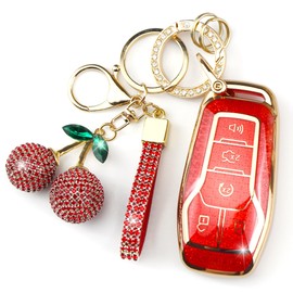 Rayslesan Sparkly Key Fob Cover with Cherry Keychain, Bling TPU Smart Key Case for Women, Compatible with Ford Fusion (Mondeo) Mustang F150 Edge Explorer,Lincoln MKZ MKC MKX (5-Button, Gold Red)