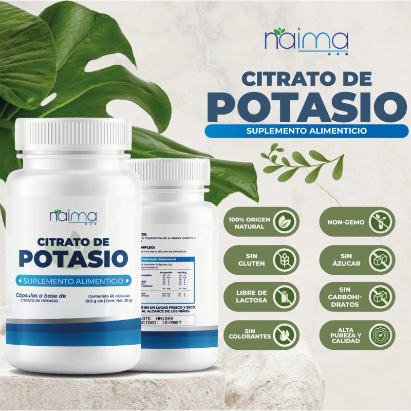 Citrato de Potasio –120 cápsulas. Suplemento mineral que apoya el