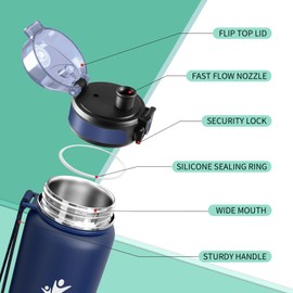 KollyKolla Stainless Steel Water Bottle, Thermos Flask, 1 Litre, BPA-Free Insulated Flask, Leak-Proof Thermos Flask, Water Bottle for Children, School, Sports, Fizz,