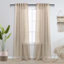 Tan Curtains 96 Inches Long for Living Room Soft Light Weight Pom Pom Boho Sheer Cozy Curtains for Bedroom Home Office,Grey Beige,52x96 Inch 2 Panels Set