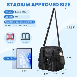 Mesh Beach Tote Bag for Stadium Events 12×6×12 Net Purse Bag for Women with Detachable Long Strap for Work, Sports, Concert, Travel, Gym, Black