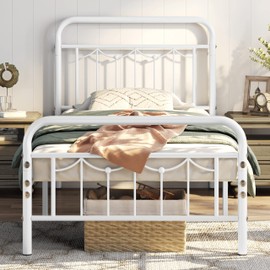 Topeakmart Twin Metal Bed Frame with Vintage Headboard and Footboard, 12.6 Inch Heavy-Duty Metal Bed Frame with Storage,Sturdy Metal Slats, No Box Spring Needed,White