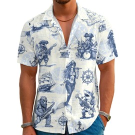 THE PIRATE KING Funny Pirate Mermaid Hawaiian Shirt Shark Octopus Rock Music Band Beach Vacation Casual Button Down Shirt
