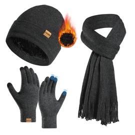 AYPOW Hat Scarf and Gloves Set Ladies, Winter knitted Beanie Hat With Thermal Fleece Lining, Elastic Warm Touch Screen Gloves Women Long Scarf 3 in 1 Cold Weather Gift Set for Outdoor Sports