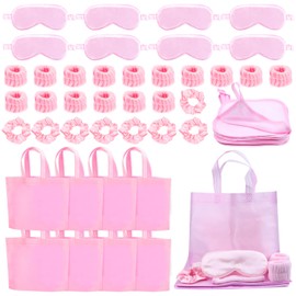 48Pcs Sleepover Party Supplies Birthday Party Favor,8Pcs Satin Eye Mask 16Pcs Wrist Bands for Washing Face 8Pcs Satin Hair Scrunchies 8Pcs Bags with Adorable Prints,8 Mini Hanging Hand Towels Square