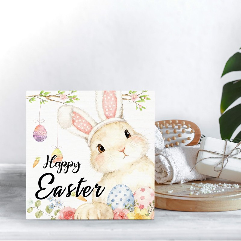 HYKDFMNCJ Happy Easter Bunny Wooden Box Sign Desk Decor, Easter