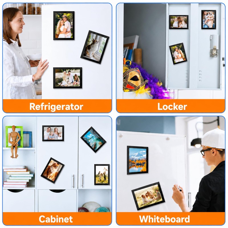 4×6" 6Pack Black Magnetic Photo Frames for Fridge with Strong
