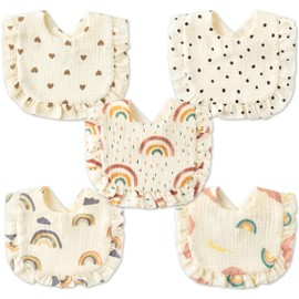 Zainpe 5Pcs Snap Muslin Cotton Baby Drooling Bibs Rainbow Bear Heart Bib with Flounce Lace Absorbent Layers Soft Bandana Burp Cloths for Infant Girls Boys Toddler Eating Teething Feeding 0-24 Months