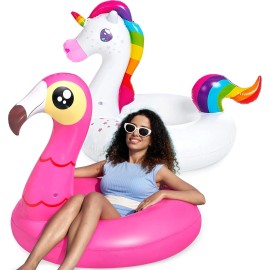Jasonwell 2-Pack Flamingo Unicorn Pool Float - Fun Floaties Inflatable Swimming Pool Tubes