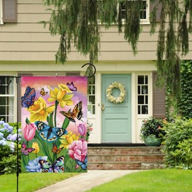 Louise Maelys Welcome Spring Garden Flag 12x18 Double Sided, Burlap Small Vertical Butterfly Floral Flower Garden Yard House Flags Outside Outdoor House Spring Summer Decoration (ONLY FLAG)
