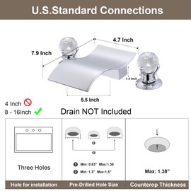 Bathroom Sink Waterfall Faucet 3 Hole, Widespread 8-Inch Bathroom Faucets with Two Crystals Handles Basin Mixer Tap, Waterfall Vanity Faucet with Supply Hose,Chrome Tub Faucets