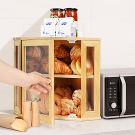 Ollieroo Bread Box,Bamboo Bread Container,Double Layer Large Capacity Storage Bins,Kitchen Countertop Bread Box,Bread Saver with Acrylic Wavy Door Panel,Bamboo,Meduim