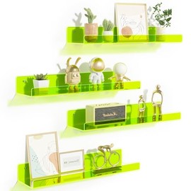 upsimples Acrylic Shelves for Wall Decor, 15" Display Shelf for Figure, Nail Polish, Wall Organizer for Bathroom, Bedroom, Living Room, Playroom, Kids Bookshelf, Clear Fluorescent Green, 4 Pack