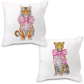 Nvotell Coquette Pink Bow Cheetah Tiger Pillow Covers 18x18, Coquette Preppy Tiger Cheetah Room Decor, Trendy Funky Throw Pillow Covers Pillowcase for Girly Bedroom Dorm Apartment Decor, Set of 2