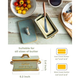 Butter Dish with Lid, Ceramic Butter Holder Container Large Butter Dish for Countertop Farmhouse Decor Butter Keeper for East West Coast Butter, Green