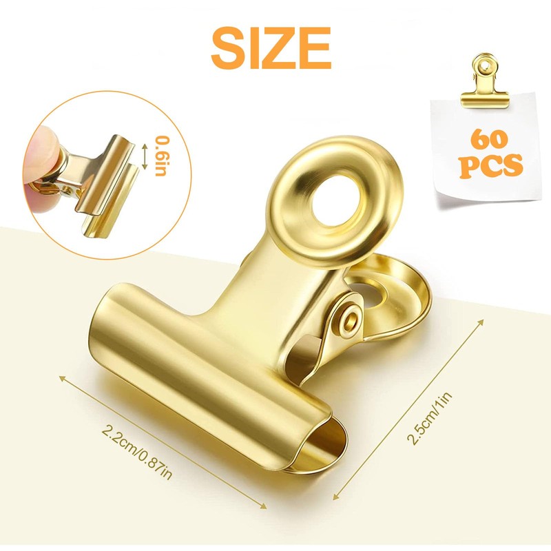 Small Bulldog Paper Clips, Pack of 60 Clips, Gold, 22