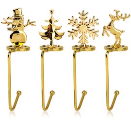 4 Pack Christmas Stocking Holders，Xmas Metal Hooks Grip Clips for Hanging Christmas Stockings，Non Slip Christmas Stocking Hangers for Fireplace Mantel Decorations (Gold)