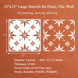 Reusable Floor Tile Stencils 2PCS 12 x 12 Inches Large Wall Stencils for Painting Wall, Floor, Tile, Wood, Concrete Patio, Furniture, Porch, Home Decor DIY Art - Snowflake Stencil Geometric Template