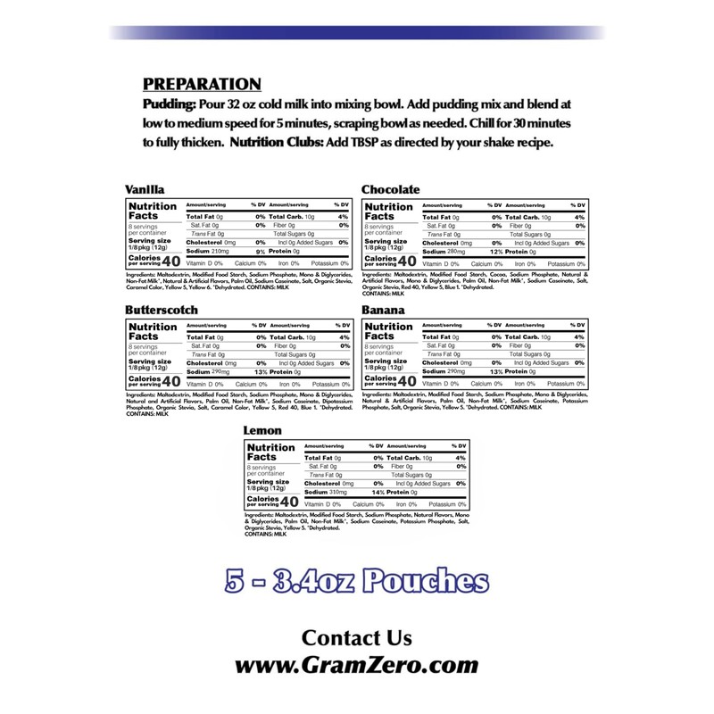 GramZero Variety (Vanilla, Chocolate, Butterscotch, Banana, Lemon) Sugar Free Pudding